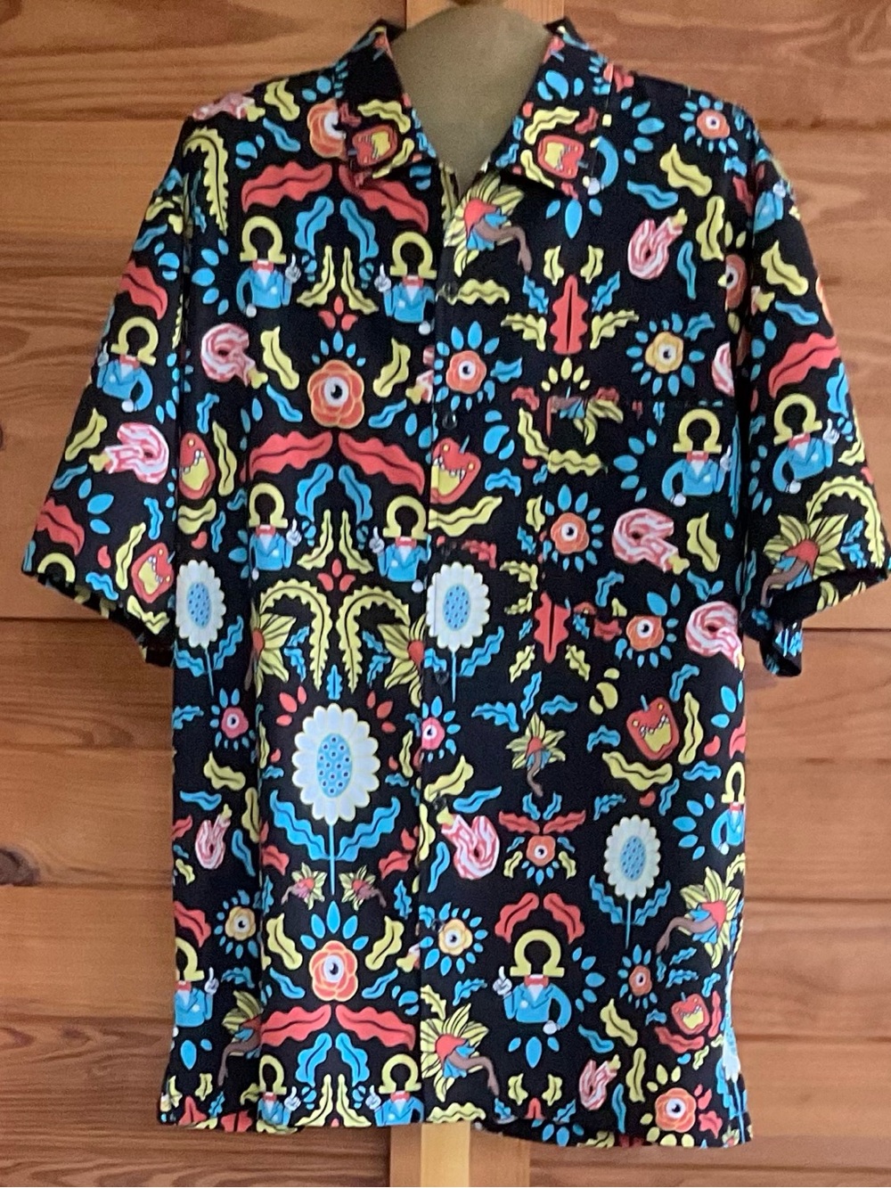 Men's Black Short-Sleeve Button-Down Shirt with Multicolor Floral Print